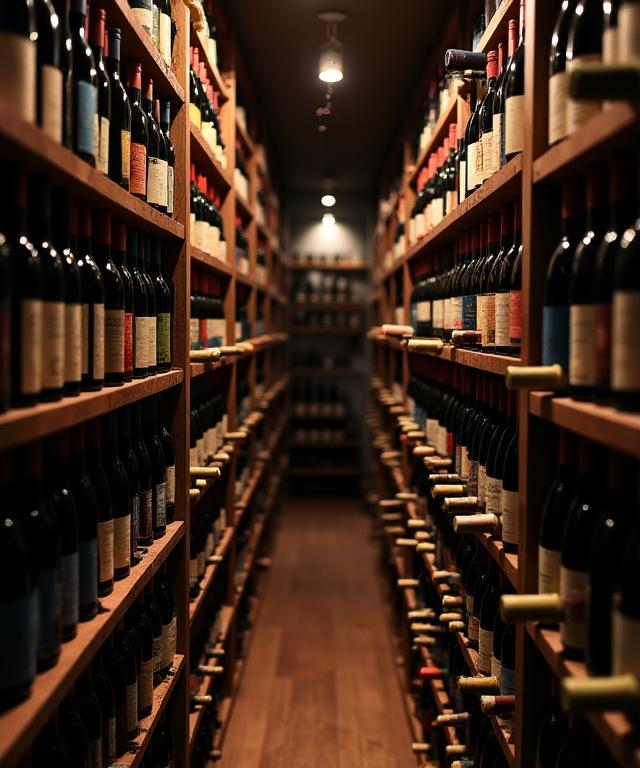 Scaffali in legno della cantina del ristorante con bottiglie di vino pregiato