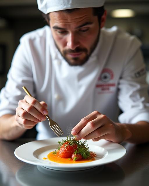 Chef del ristorante Ghianda Reale che finalizza un piatto con passione