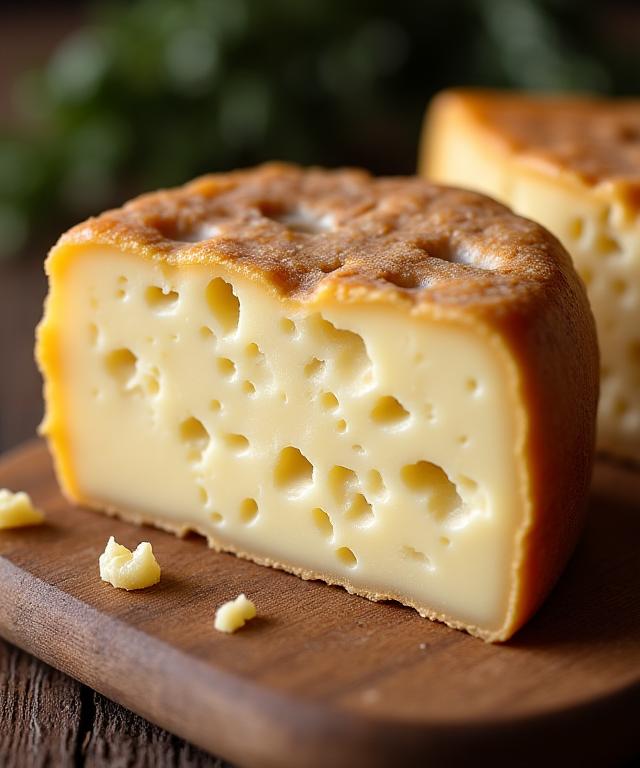 Dettaglio di un formaggio pecorino stagionato su un tagliere di legno